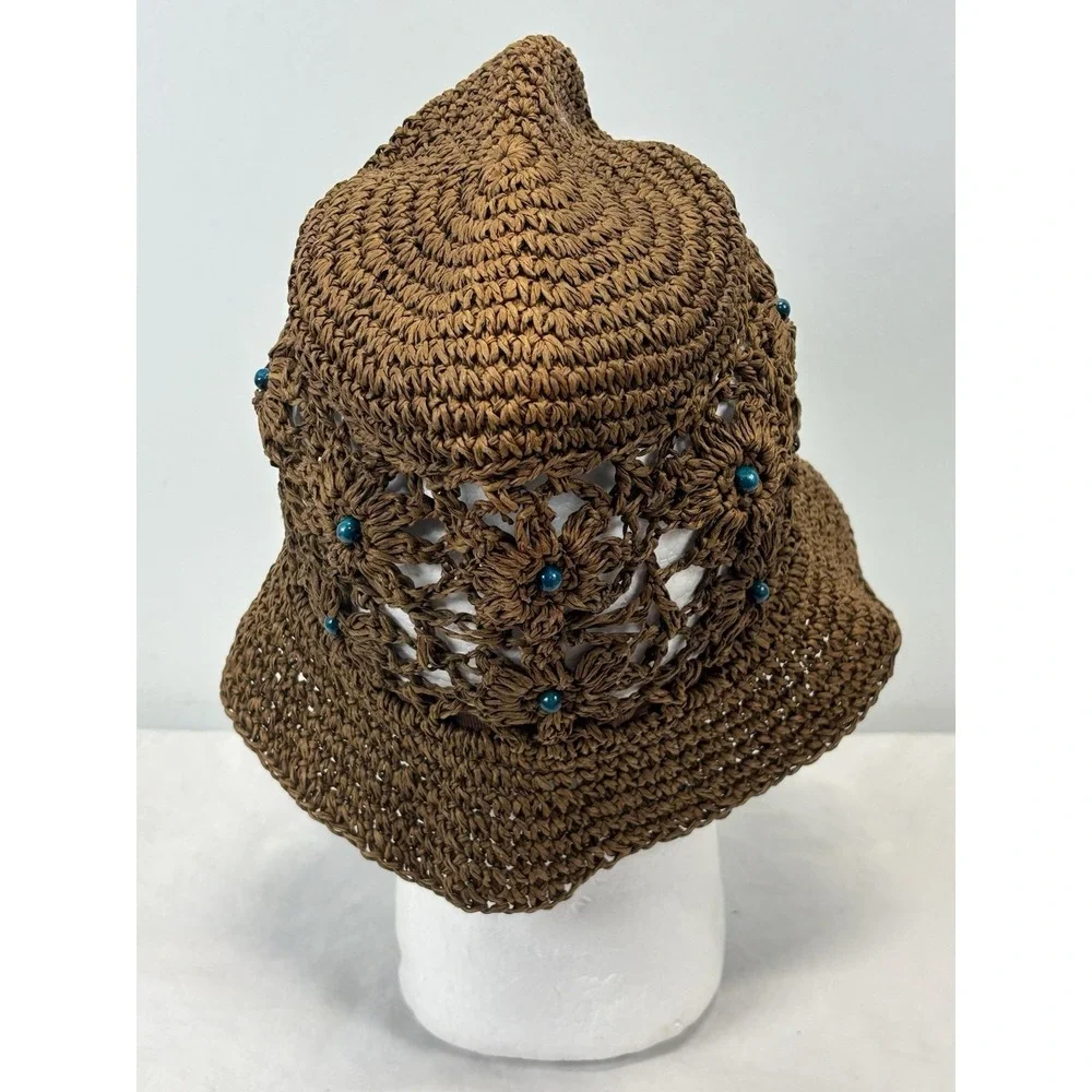 Unbranded Crochet Raffia Bucket Hat Women's Blue Bead Y2K Hippie Indie Grunge